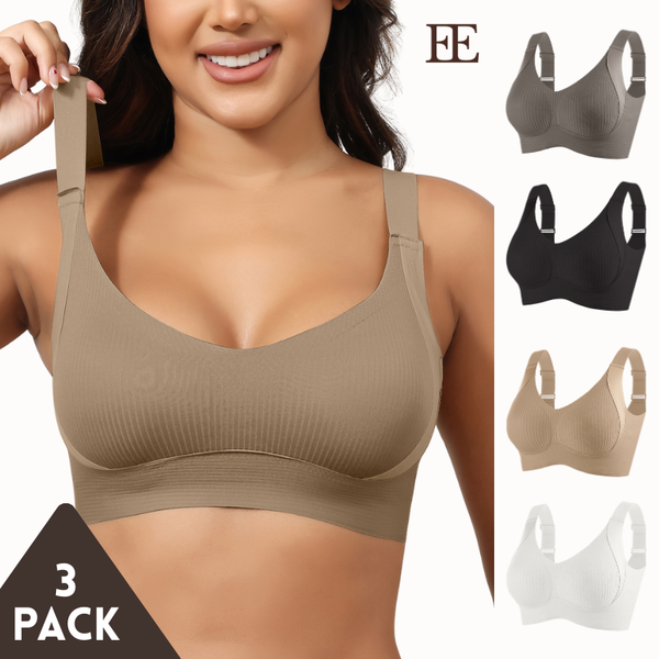 Adjustable Wireless Bra-4-Back Hook Ribbed Seamless, All-Day Comfort (3 Pack）