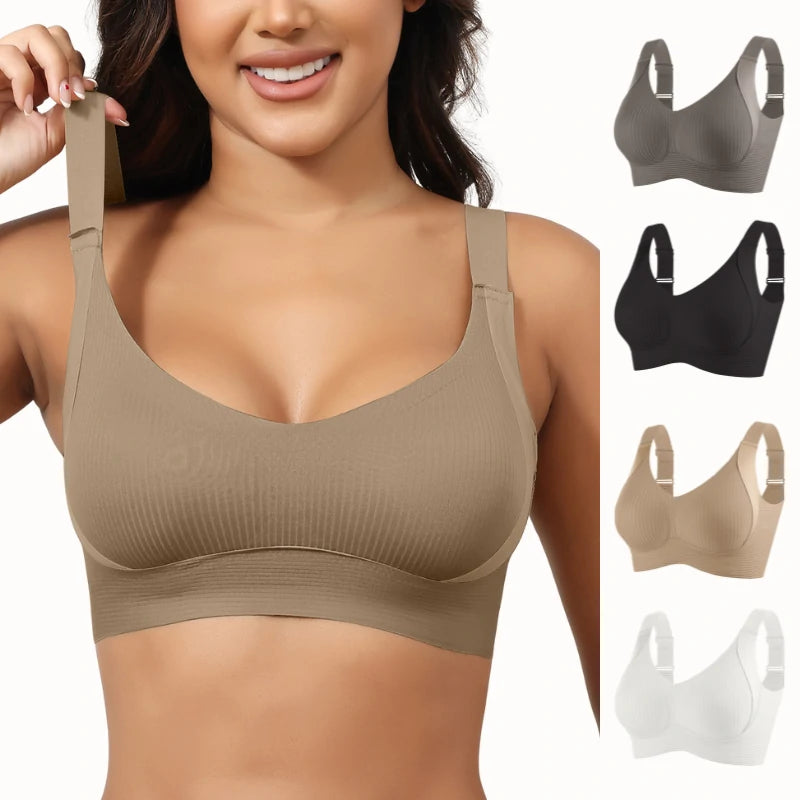 Adjustable Wireless Bra-4-Back Hook Ribbed Seamless, All-Day Comfort (3 Pack）